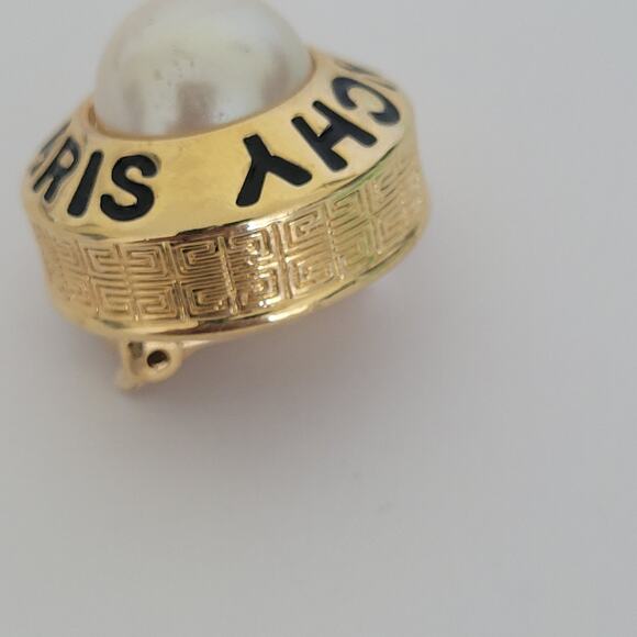 Vintage Givenchy Button Gold Tone Pearl Clip on SINGLE Earring Round Glam Logo - Picture 6 of 7